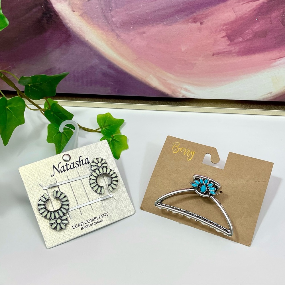 Natasha Metal Hair Clips and Hair claw clip turquoise tone detail silver western